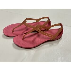 Crocs Isabella Sandals Pink/Orange Jelly T Strap Strappy Slip On Flats Women 6